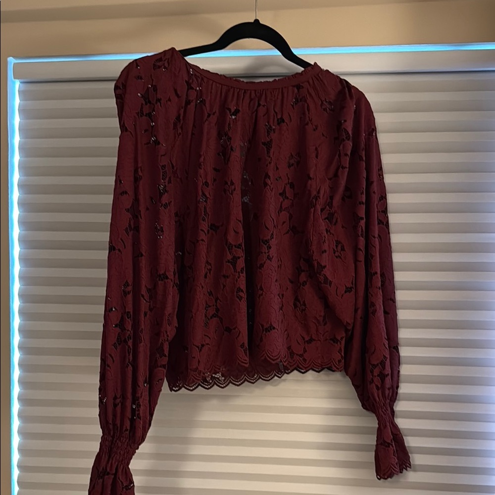 Free People Red Puff Sleeve Ruffled Blouse